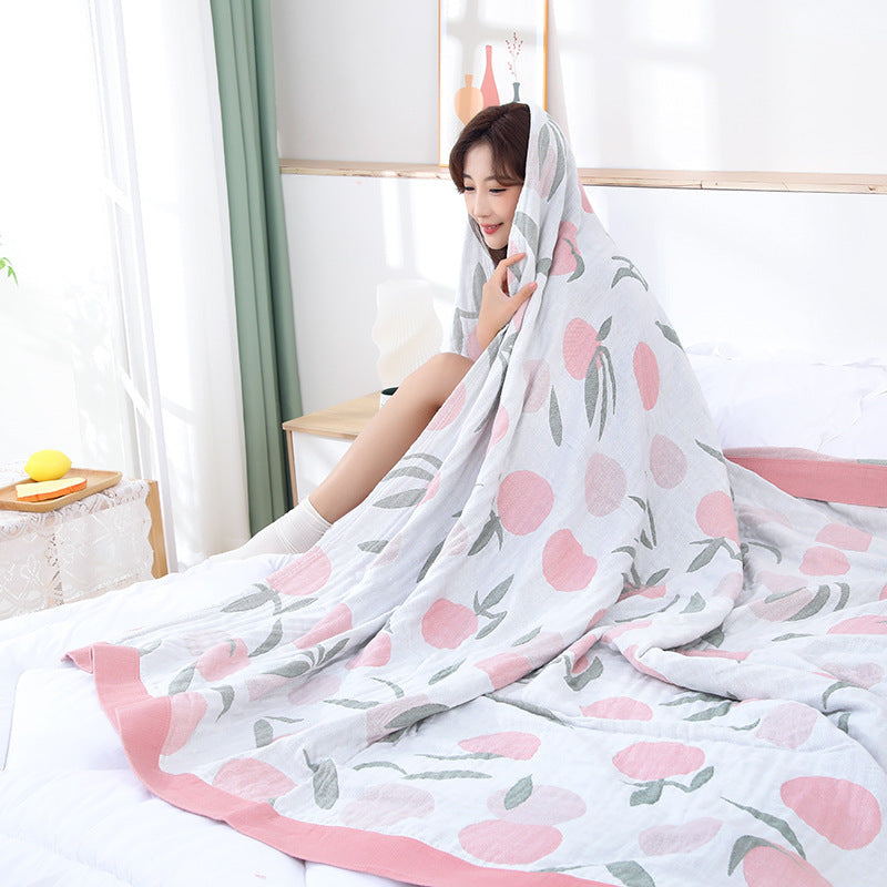 HKM-527379 Cotton Four-Layer Gauze Towel Blanket with Floral and Plant Design, Available in Multiple Sizes