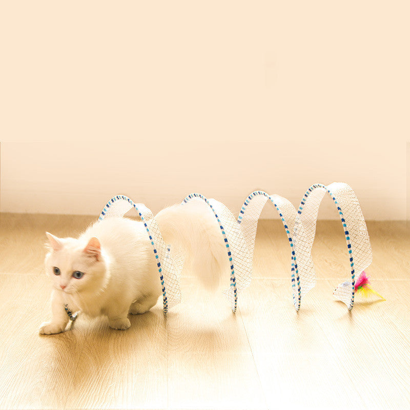 HKM-527379 Foldable Cat Tunnel with Steel Wire, Elastic Mesh, and Feather - Available in Blue and Yellow, 65cm Long