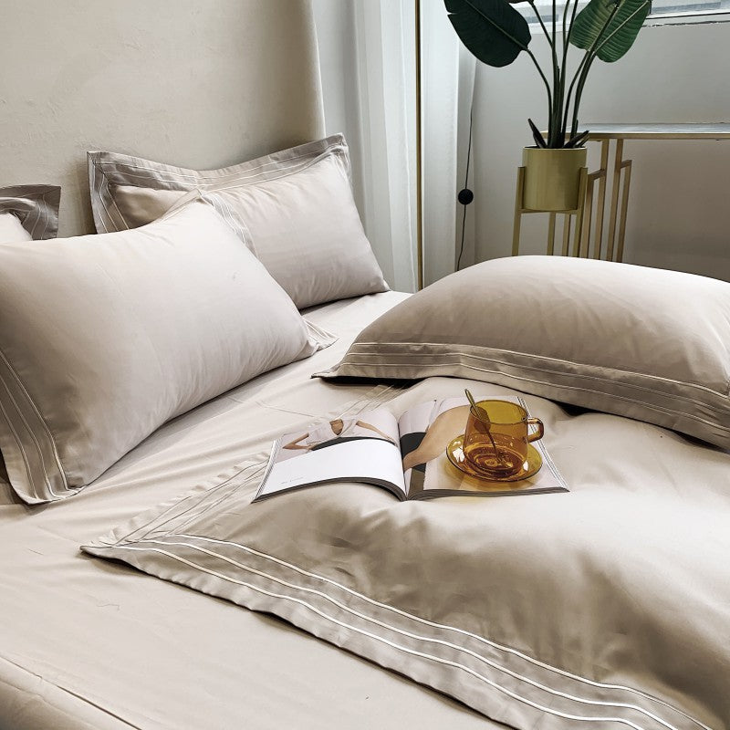 HKM-527379 Pure Cotton 4-Piece Embroidered Quilt Cover Set in Solid Colors, Modern Design for 1.8m Bed