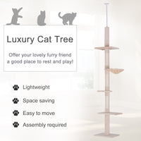 HKM-5274173 Adjustable Height 5-Tier Cat Climbing Tree for Ceiling to Floor with Scratching Posts and Durable Plush Cover