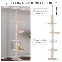 HKM-5274173 Adjustable Height 5-Tier Cat Climbing Tree for Ceiling to Floor with Scratching Posts and Durable Plush Cover