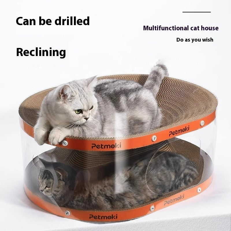 HKM-5280317 2-in-1 Cat Scratch Board and Nest Tunnel Toy in White Transparent, PVC & Corrugated Board, 58x45x23cm