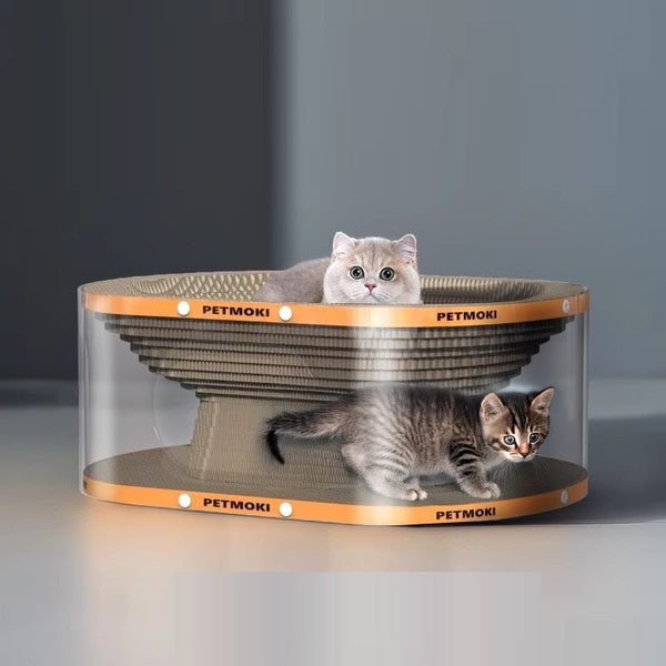 HKM-5280317 2-in-1 Cat Scratch Board and Nest Tunnel Toy in White Transparent, PVC & Corrugated Board, 58x45x23cm