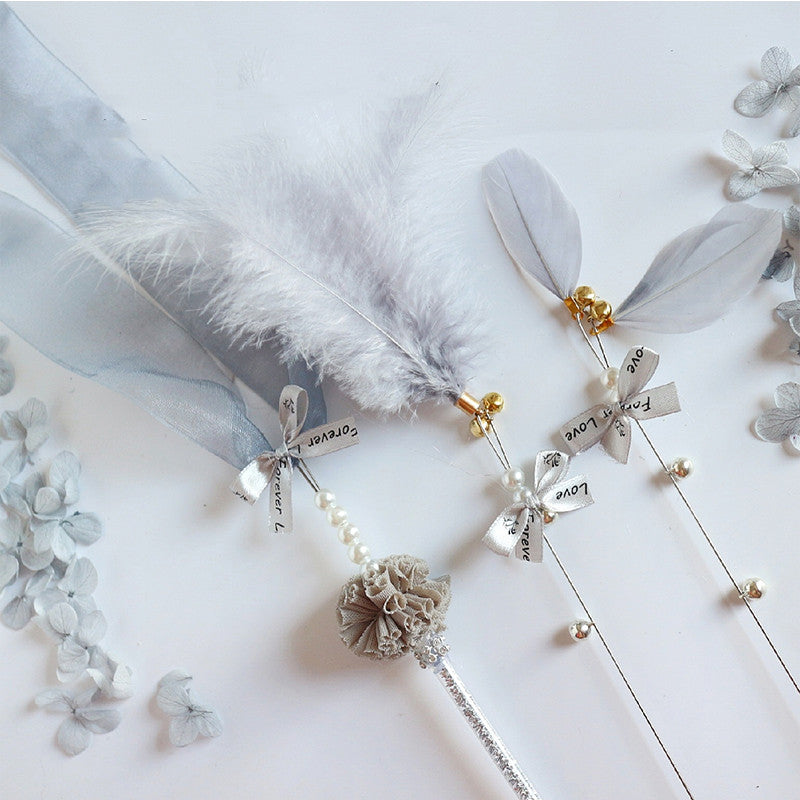 HKM-5281469 Doudou Cat Stick with Feather, Bell, and Ribbons - 3-Piece Set in Multiple Colors