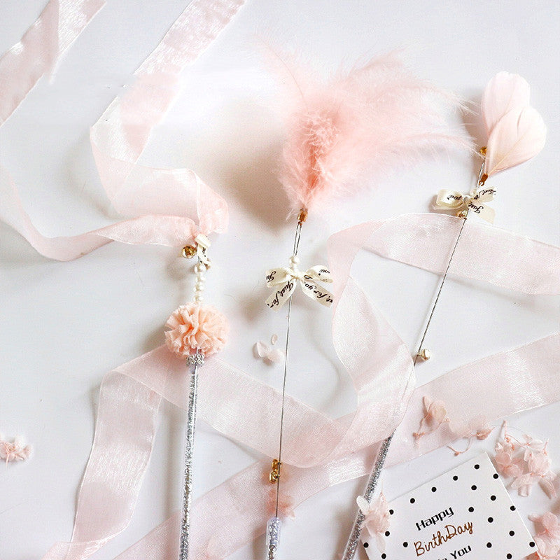HKM-5281469 Doudou Cat Stick with Feather, Bell, and Ribbons - 3-Piece Set in Multiple Colors