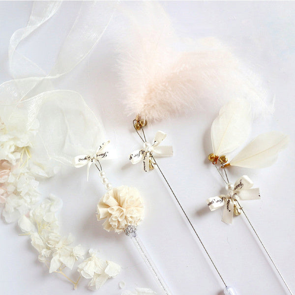 HKM-5281469 Doudou Cat Stick with Feather, Bell, and Ribbons - 3-Piece Set in Multiple Colors