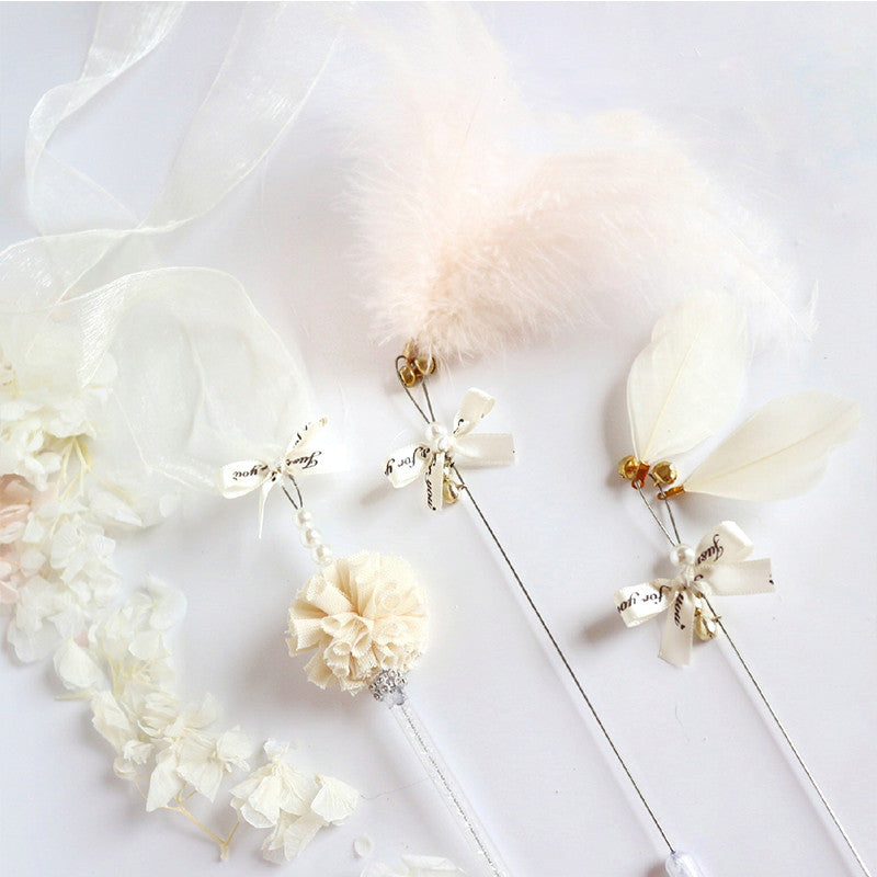 HKM-5281469 Doudou Cat Stick with Feather, Bell, and Ribbons - 3-Piece Set in Multiple Colors