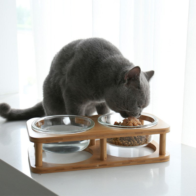 HKM-5282621 Elegant Glass Cat Bowls - Single & Double Designs Available, Various Sizes