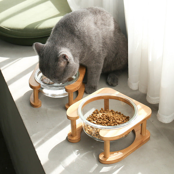 HKM-5282621 Elegant Glass Cat Bowls - Single & Double Designs Available, Various Sizes