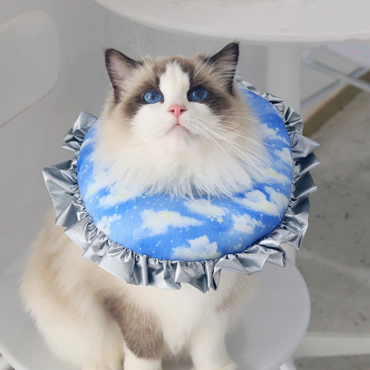 HKM-5284029 Cat Ruffled Anti-Licking Headgear in Floral Pattern - Polar Fleece & PP Cotton, Sizes S, M, L