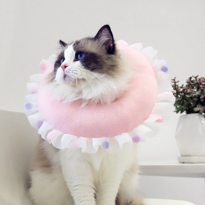 HKM-5284029 Cat Ruffled Anti-Licking Headgear in Floral Pattern - Polar Fleece & PP Cotton, Sizes S, M, L