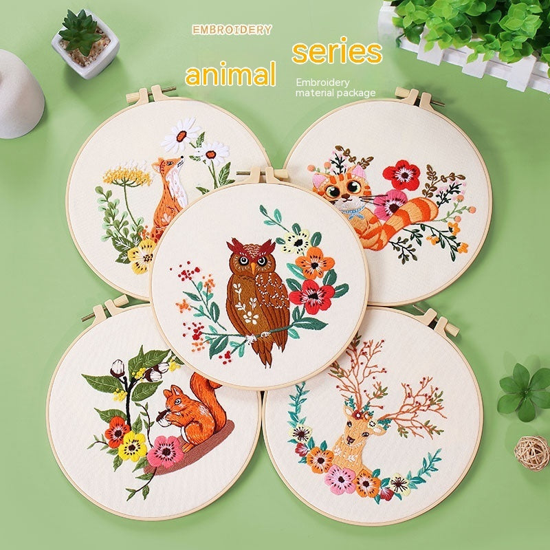 HKM-529683 Handmade Embroidery Material Package featuring Squirrel, Owl, Fox, Cat, and Elk Designs with Cotton Fabric