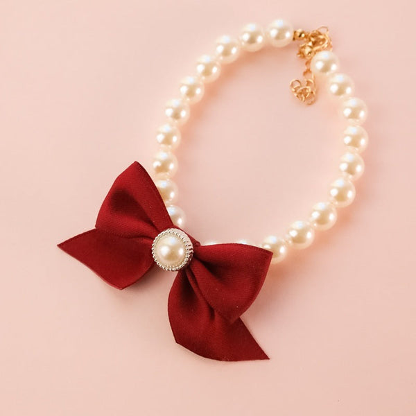 HKM-5299901 Vintage Pearl Bow Dog Collar - Princess Style in Multiple Colors and Sizes