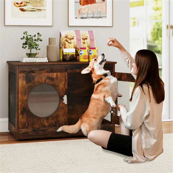 HKM-5301565 2-in-1 Rustic Brown Dog Crate End Table with 88lbs Capacity, Farmhouse Style, 32.5"x18.5"x23.5"