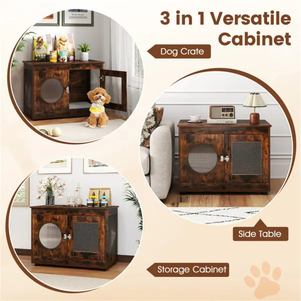 HKM-5301565 2-in-1 Rustic Brown Dog Crate End Table with 88lbs Capacity, Farmhouse Style, 32.5"x18.5"x23.5"