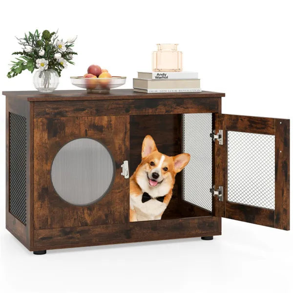 HKM-5301565 2-in-1 Rustic Brown Dog Crate End Table with 88lbs Capacity, Farmhouse Style, 32.5"x18.5"x23.5"