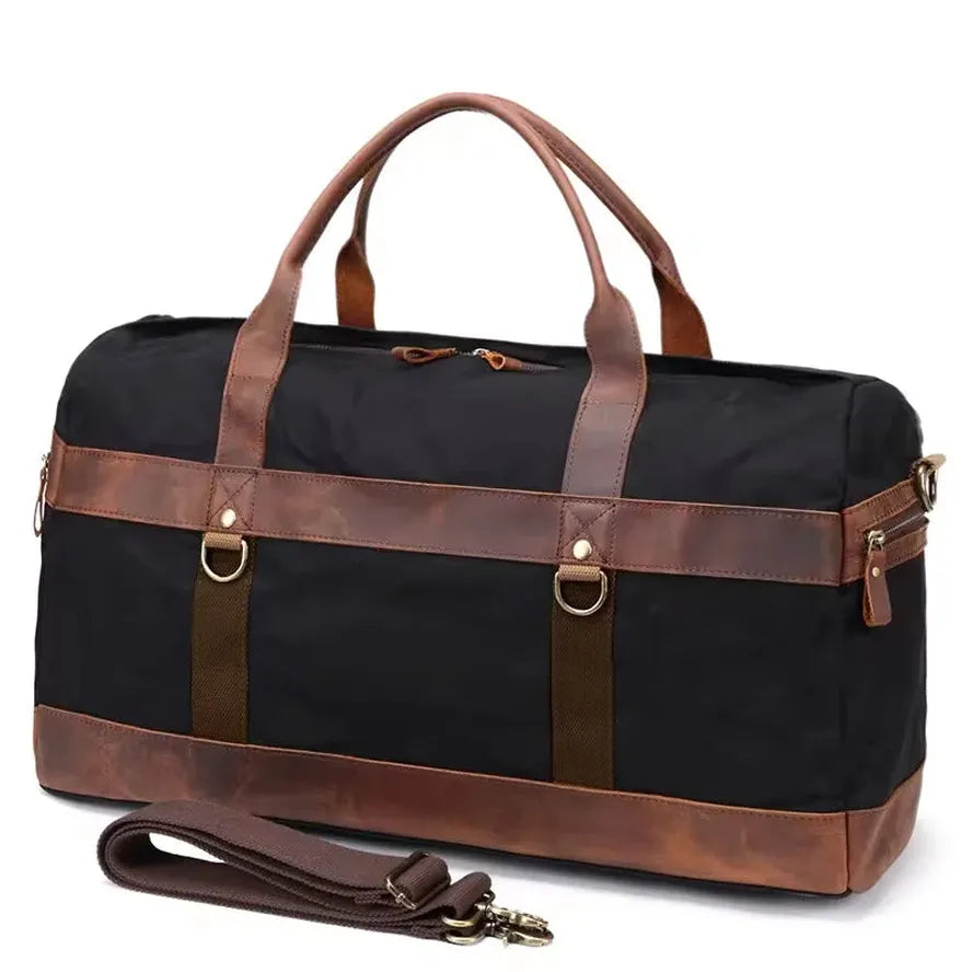 HKM-530259 Waterproof Waxed Canvas Duffel Bag with Full Grain Leather Accents – Large Capacity Travel and Sports Bag