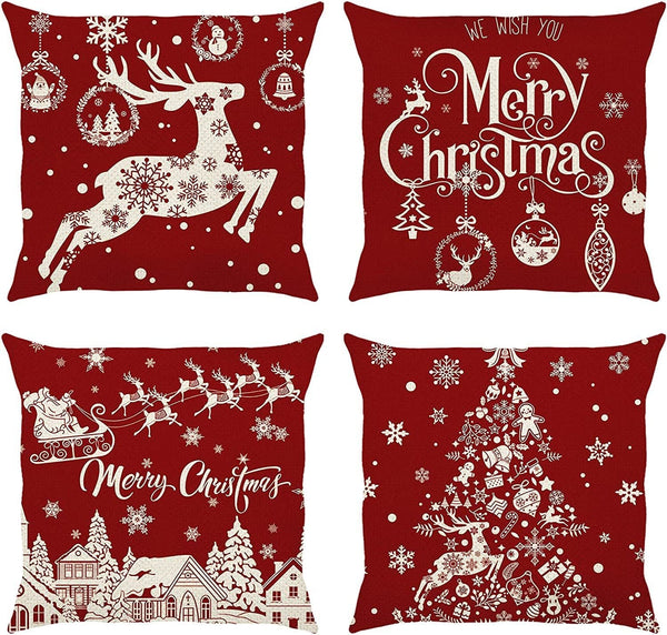 HKM-530515 Christmas Red Cartoon Pillow Cover 45x45cm Nordic Style Linen Set of 4