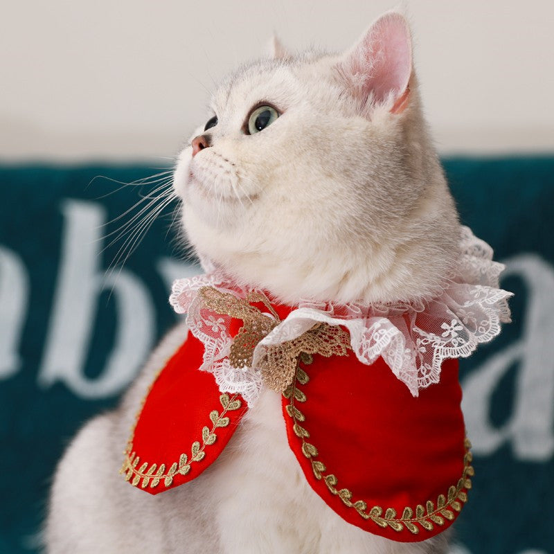 HKM-5305661 Royal Pet Cat Cape with Lace Collar and Crown - Red, Black, Green, White Sizes S & M