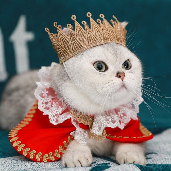 HKM-5305661 Royal Pet Cat Cape with Lace Collar and Crown - Red, Black, Green, White Sizes S & M