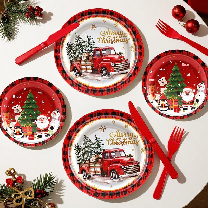 HKM-530643 Christmas Cartoon Themed Disposable Tissue Paper Plates - 10 Pack of 7-inch and 9-inch Trays