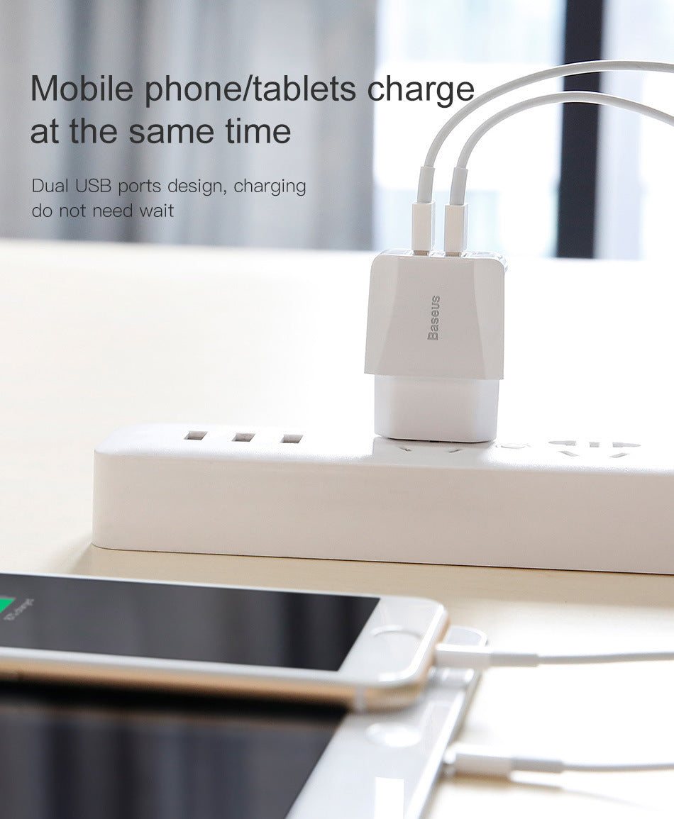 HKM-530707 Dual USB Charger Adapter for Mobile Phones and Devices, Compatible with iPhone Models, EU Plug, 2100 mA Output