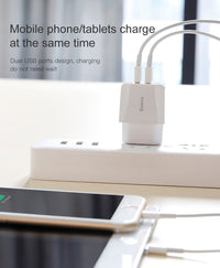 HKM-530707 Dual USB Charger Adapter for Mobile Phones and Devices, Compatible with iPhone Models, EU Plug, 2100 mA Output