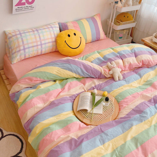 HKM-530835 Rainbow Stripes Princess Bedding Set - Modern Cotton Duvet Cover with Heart Design - Available in Multiple Sizes