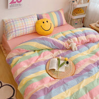 HKM-530835 Rainbow Stripes Princess Bedding Set - Modern Cotton Duvet Cover with Heart Design - Available in Multiple Sizes