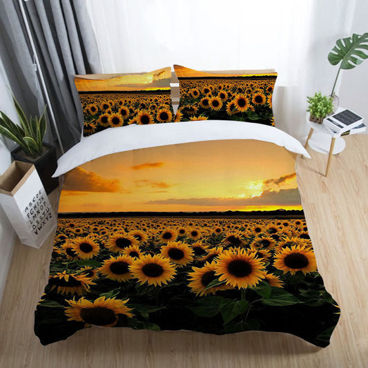 HKM-530835 Sunflower Series Polyester Duvet Cover Set - Available in Four-Piece and Three-Piece Options, Multiple Sizes