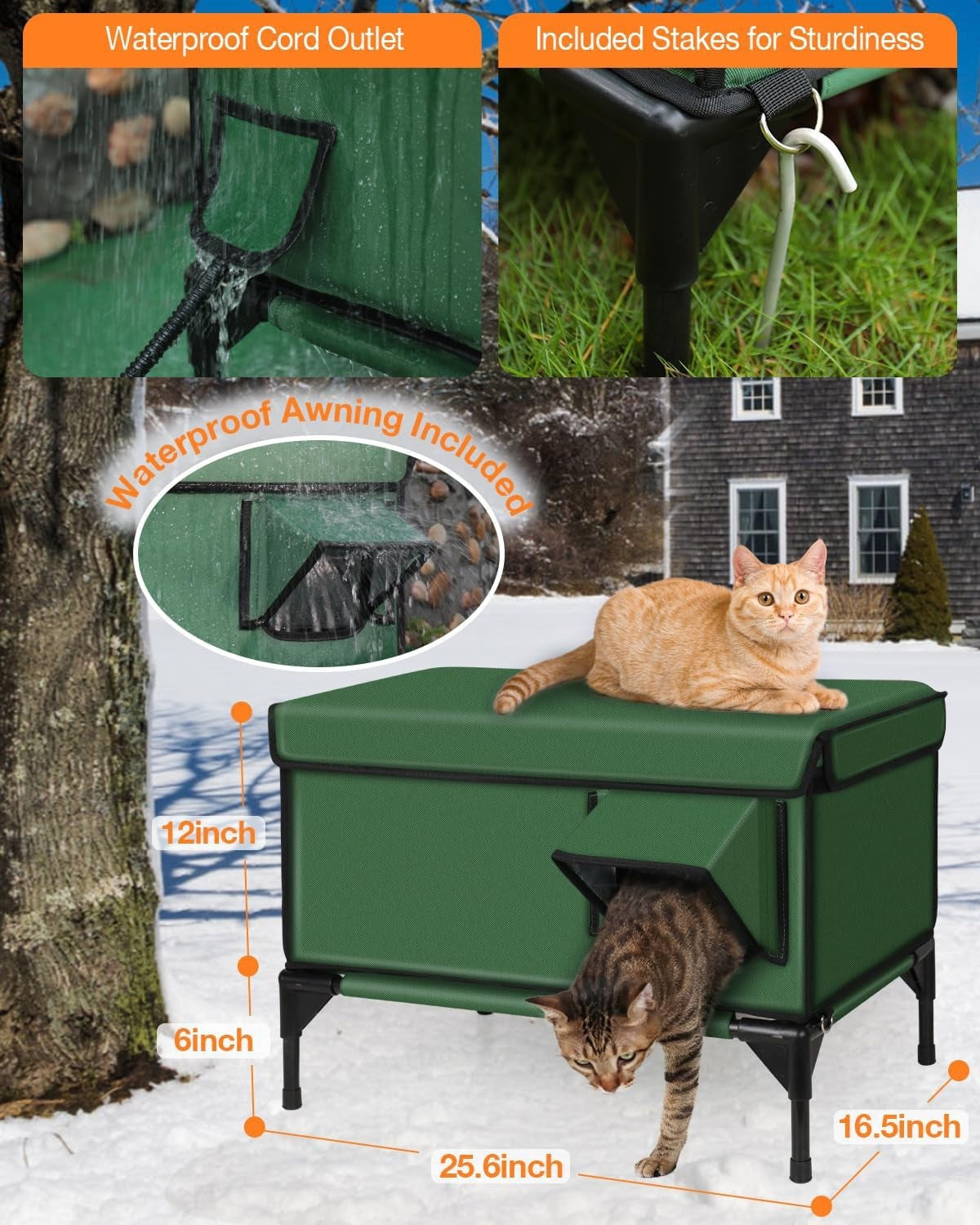 HKM-5308477 Heated Insulated Foldable Cat House - Waterproof, Breathable, All-Season Pet Bed in Green
