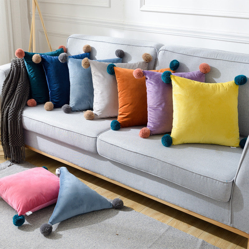 HKM-530899 Pure Color Wool Ball Pillowcase in Italian Velvet - Soft, Cozy Cushion Cover for Living Room, Bedroom, Dining Room, and Children's Room