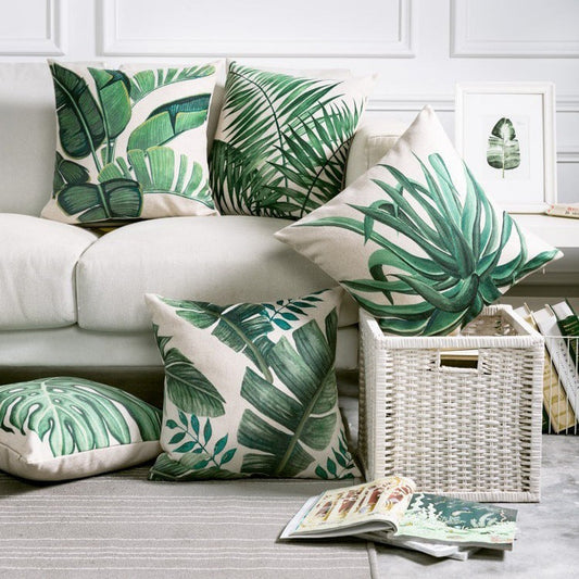 HKM-530963 Hand-painted Tropical Green Leaf Pillowcase, Linen, 45x45cm, Floral Pastoral Design