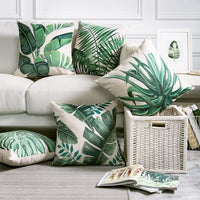HKM-530963 Hand-painted Tropical Green Leaf Pillowcase, Linen, 45x45cm, Floral Pastoral Design