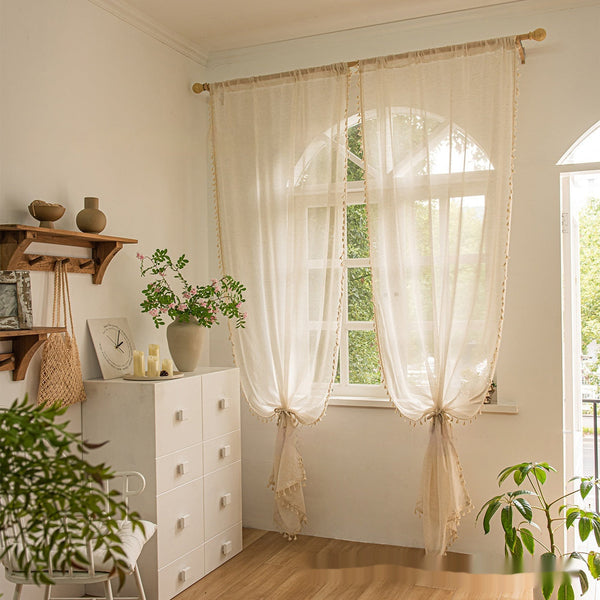 HKM-531539 Bohemian Lace Cotton Linen Texture Semi-Sheer Curtain in Various Sizes