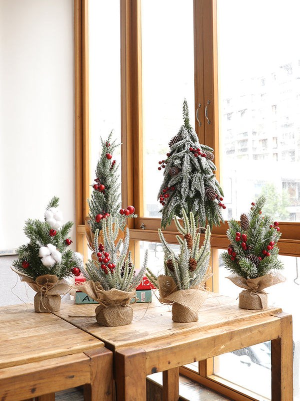 HKM-531603 Mini Christmas Potted Plant Decoration with Ornaments - PE and Wood Material