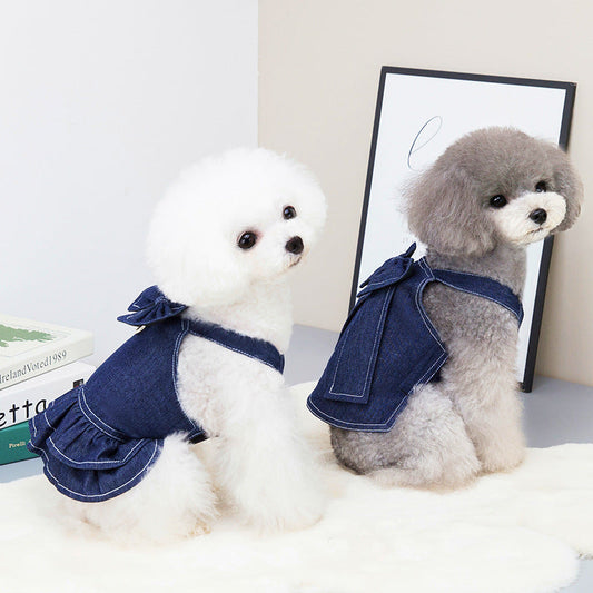 HKM-5319741 Big Bow Tie Pet Clothes in Washed Denim for Spring and Summer - Casual T-shirt and Skirt, Sizes S-XXL