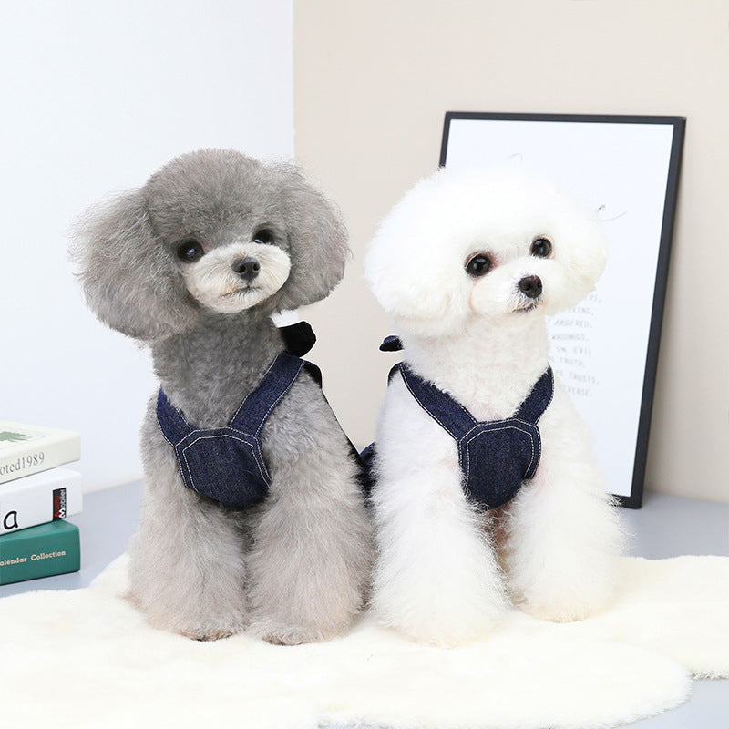 HKM-5319741 Big Bow Tie Pet Clothes in Washed Denim for Spring and Summer - Casual T-shirt and Skirt, Sizes S-XXL