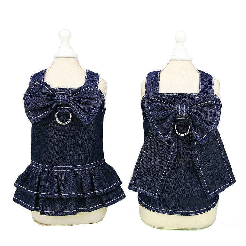 HKM-5319741 Big Bow Tie Pet Clothes in Washed Denim for Spring and Summer - Casual T-shirt and Skirt, Sizes S-XXL