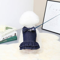 HKM-5319741 Big Bow Tie Pet Clothes in Washed Denim for Spring and Summer - Casual T-shirt and Skirt, Sizes S-XXL
