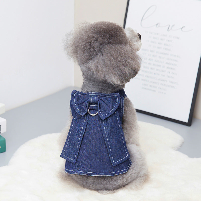 HKM-5319741 Big Bow Tie Pet Clothes in Washed Denim for Spring and Summer - Casual T-shirt and Skirt, Sizes S-XXL