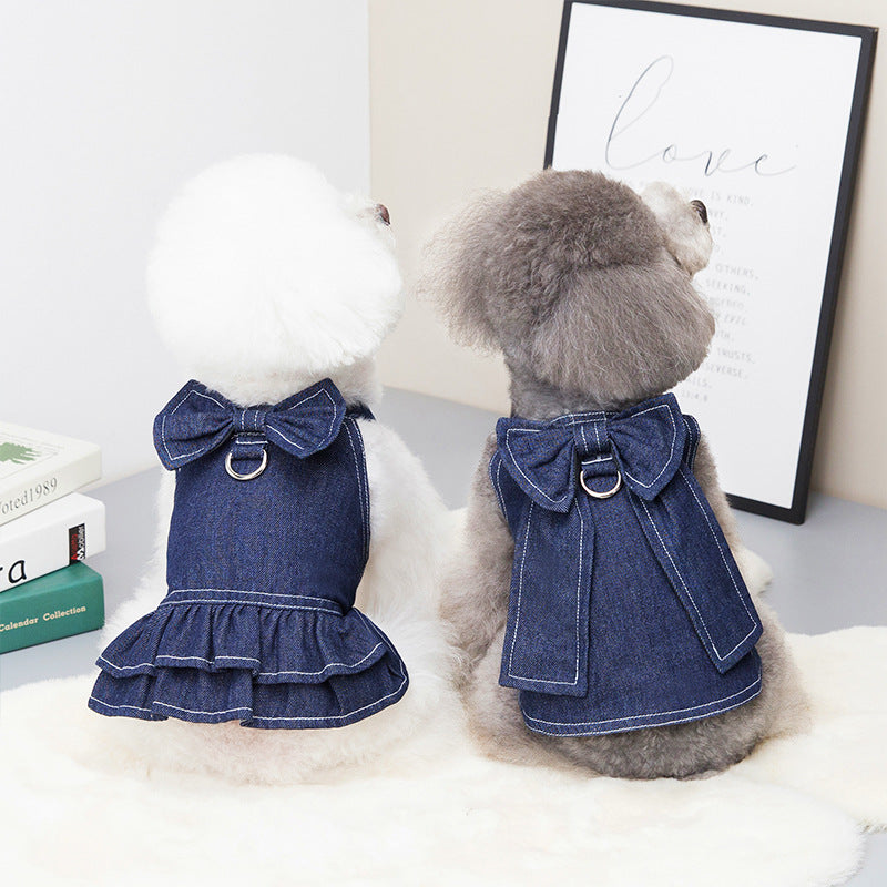 HKM-5319741 Big Bow Tie Pet Clothes in Washed Denim for Spring and Summer - Casual T-shirt and Skirt, Sizes S-XXL