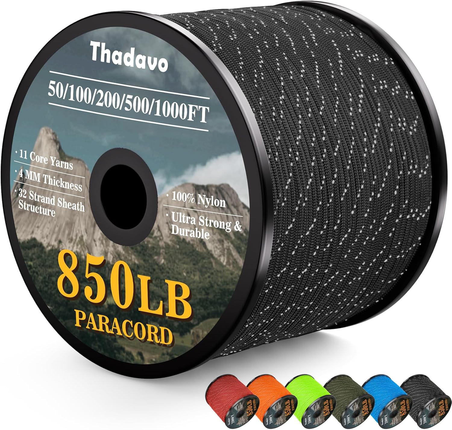 HKM-532179 Reflective Paracord Rope 850lb Strength, 4mm, 50-1000ft Lengths for Camping, Hiking, DIY Projects and Emergency Use