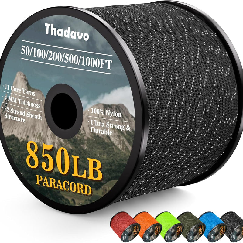 HKM-532179 Reflective Paracord Rope 850lb Strength, 4mm, 50-1000ft Lengths for Camping, Hiking, DIY Projects and Emergency Use