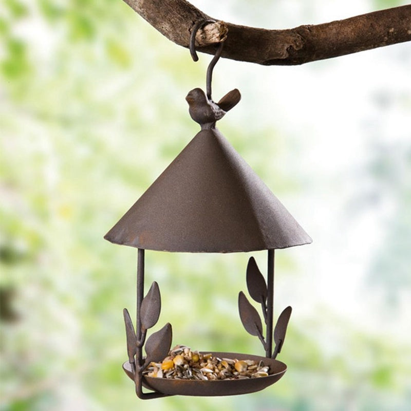 HKM-532243 Wrought Iron Bird Feeder with Removable Roof and Floral Design for Outdoor Use