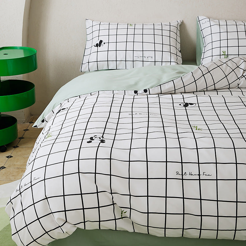 HKM-532307 All-Cotton Printed Four-Piece Bedding Set with Stripe and Cartoon Designs