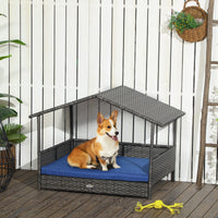 HKM-5323581 Dark Blue Wicker Dog House with Removable Cushion for Small to Medium Dogs