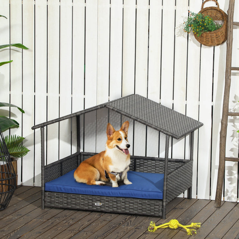 HKM-5323581 Dark Blue Wicker Dog House with Removable Cushion for Small to Medium Dogs