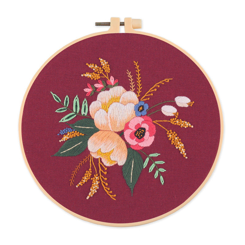 HKM-532819 Nordic Pure Cotton DIY Embroidery Kit - Fancy Flowers & Plants Design, 30x30 Canvas with 20 Diameter Embroidery