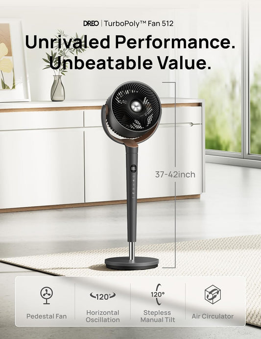 HKM-5328211 120° Oscillating Standing Fan, Quiet DC Motor Floor Fan, 9 Speeds, 4 Modes, Adjustable Height 37-42", 20dB Noise Level, 8H Timer